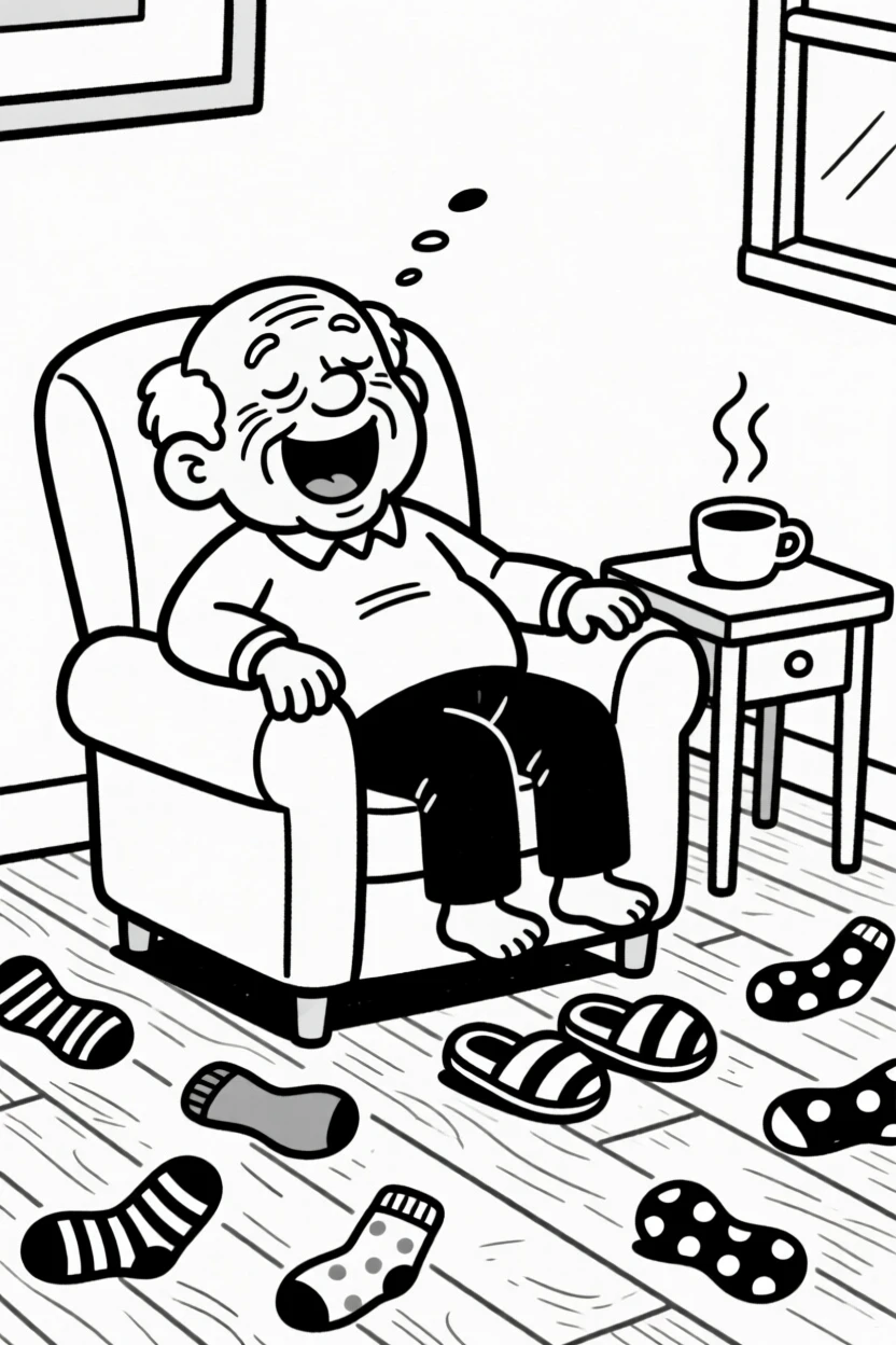 A grandfather dozing off in his favorite armchair, laughing so hard the sound turns into a snort, set in a cozy living room with mismatched socks scattered on the floor. Mismatched slippers peek out from under the couch. It's a small, ordinary moment that feels quietly precious.