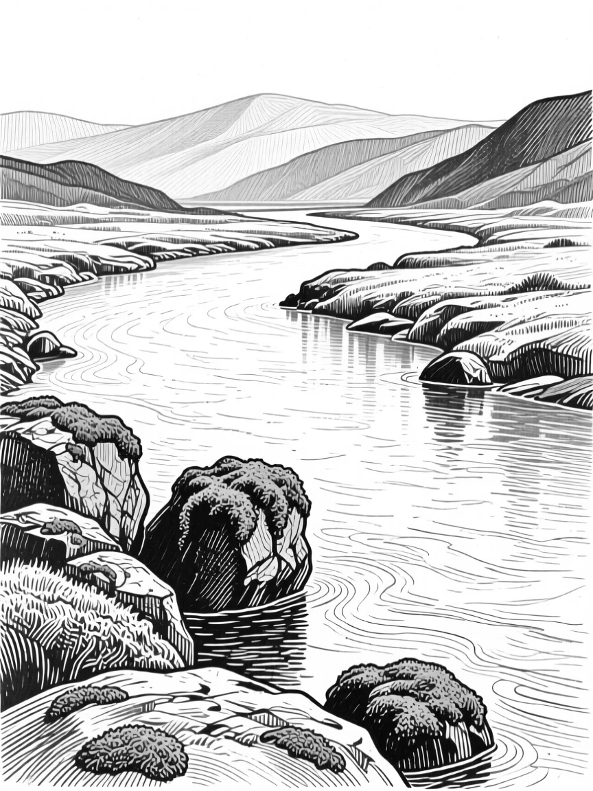 A winding river with layers of hills fading into the distance, with patches of moss clinging to weathered rock, evoking a serene and contemplative atmosphere in a wide, balanced composition.