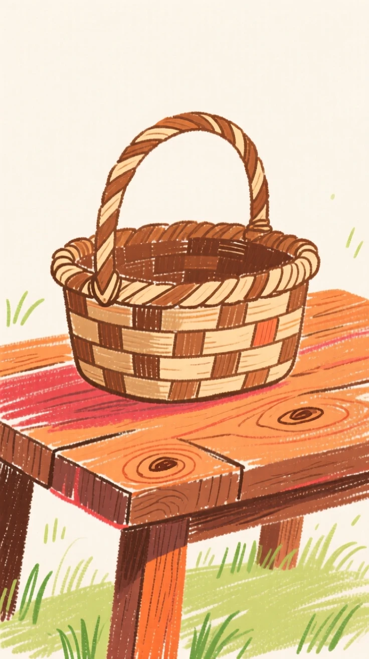 A woven picnic basket resting on a rustic wooden table.