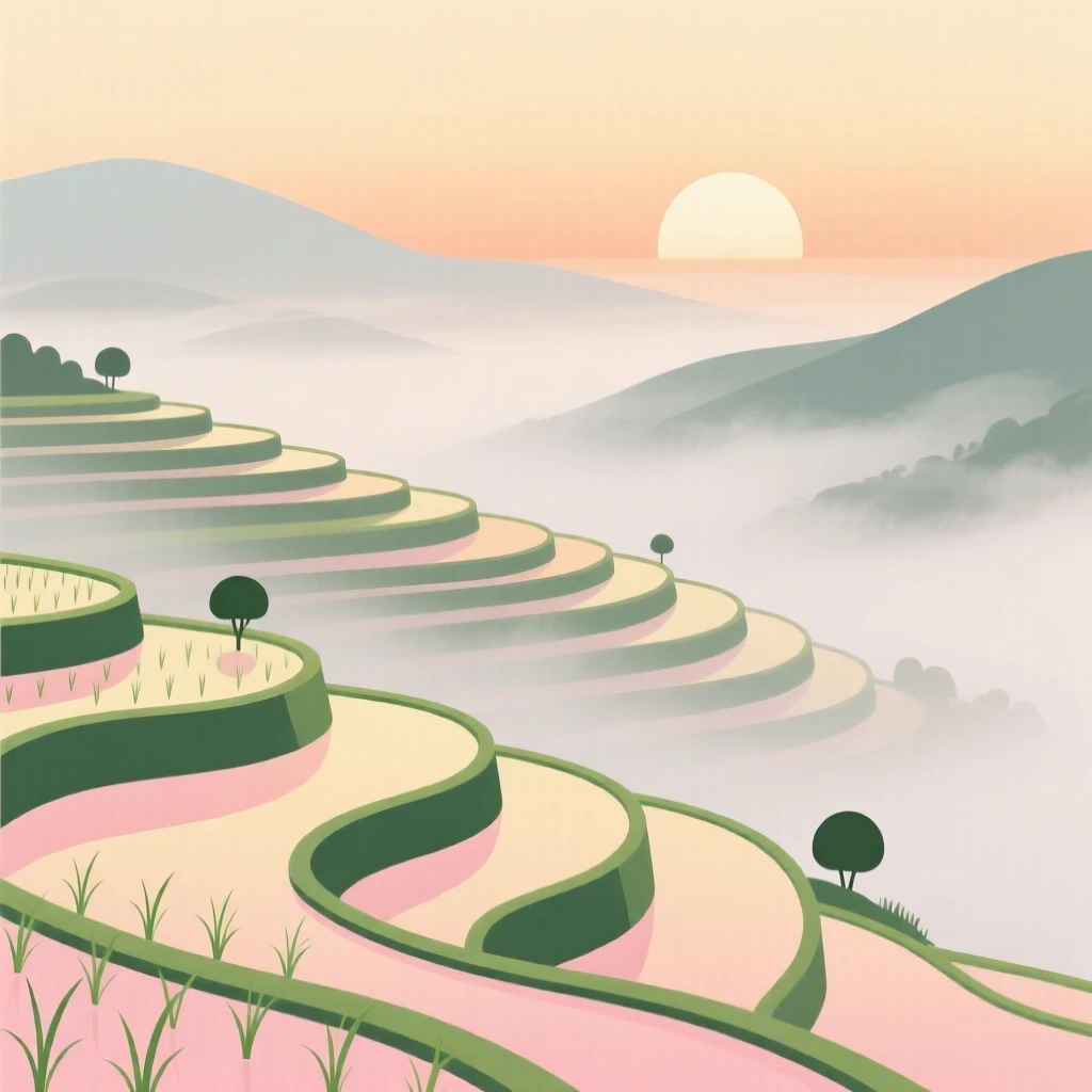 A misty rice terrace at sunrise with soft light filtering through the rising mist.