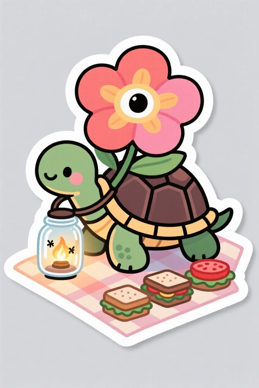 A dreamy tiny turtle with a flower shell carrying a lantern made of a firefly jar, on a picnic blanket with tiny sandwiches nearby.