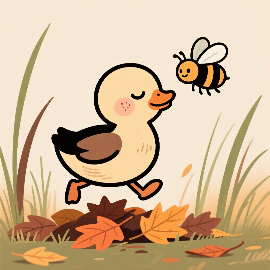 A sleepy duckling hopping through tall grass in a pile of autumn leaves, pausing to look up with curious, gentle eyes as a bee hums nearby.