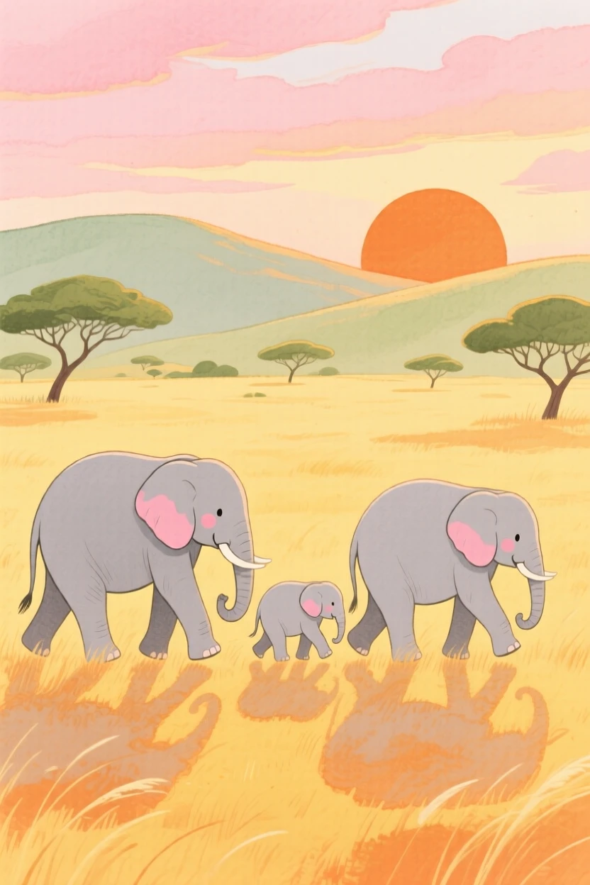 A vivid scene of a family of elephants crossing a golden savanna at sunset.