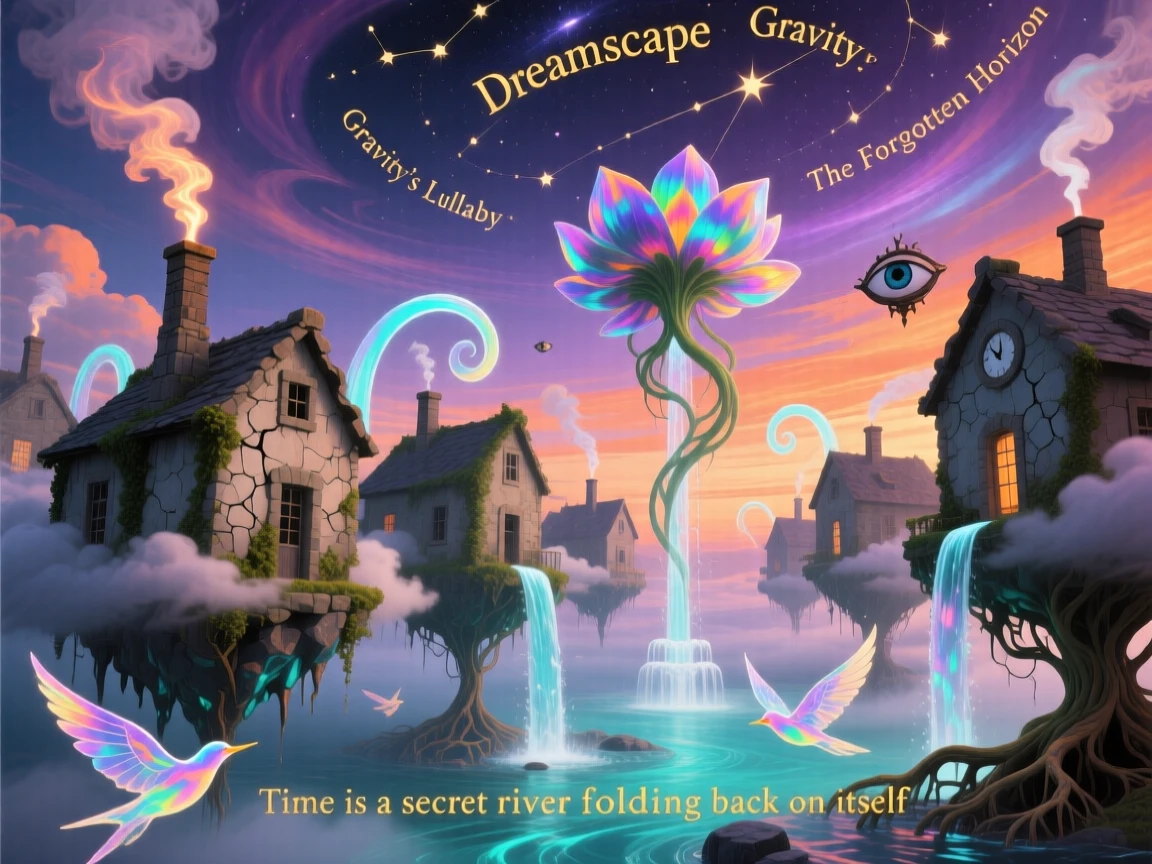 A school of stone houses swimming through open sky floats free of any visible ground below, while streams of water arc upward instead of down.