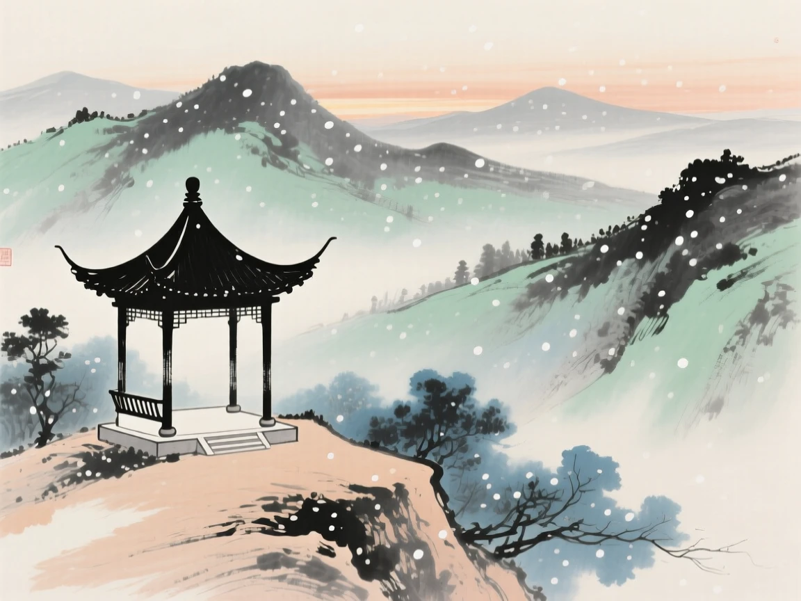 An empty pavilion overlooking mountains fading into evening haze, beneath softly falling snow.
