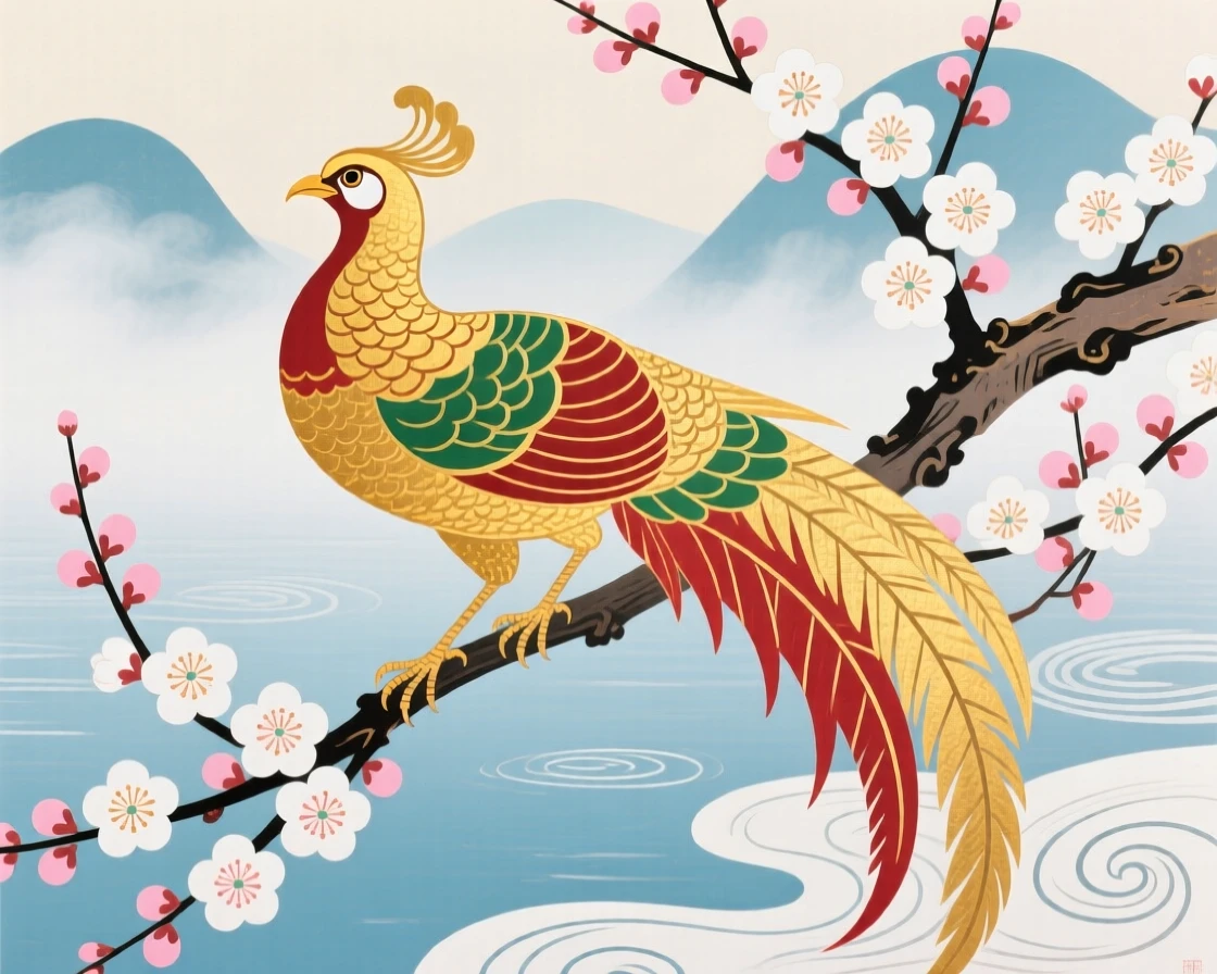 A golden pheasant perched on a blossoming plum branch, as morning mist rises from the water.