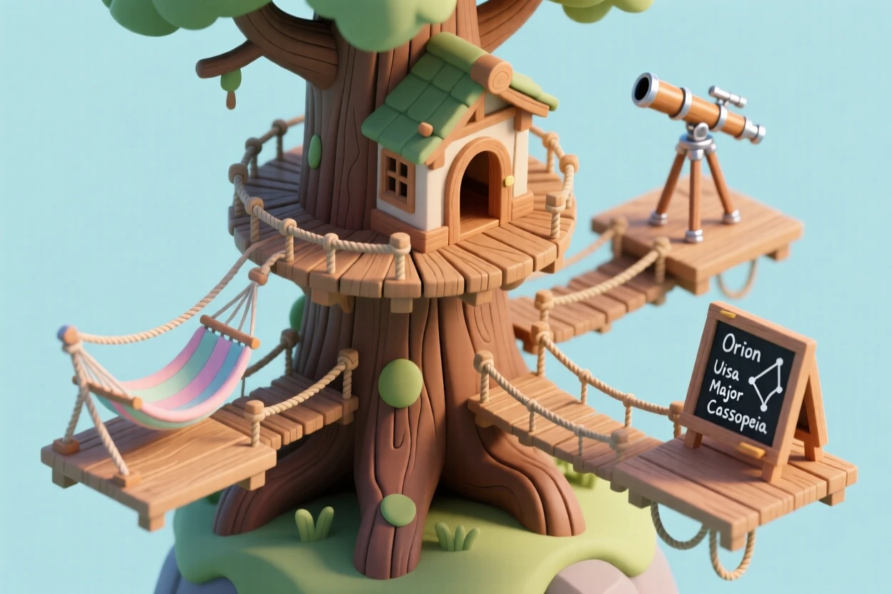 A treehouse built around a massive oak trunk, connected by rope bridges to three smaller platforms, each holding a hammock, a telescope, and a chalkboard covered in constellations.
