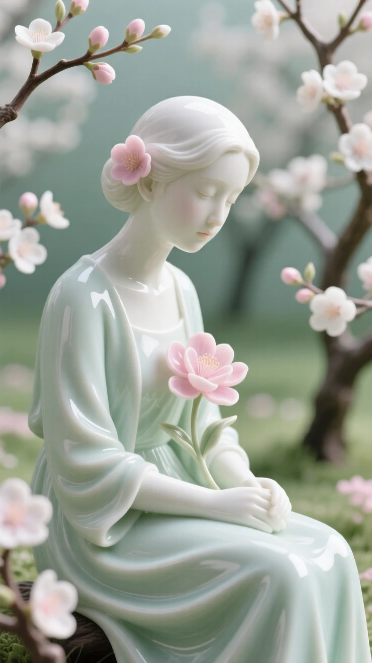 A wistful artist seated in quiet contemplation in a blooming orchard, a single flower tucked behind her ear.