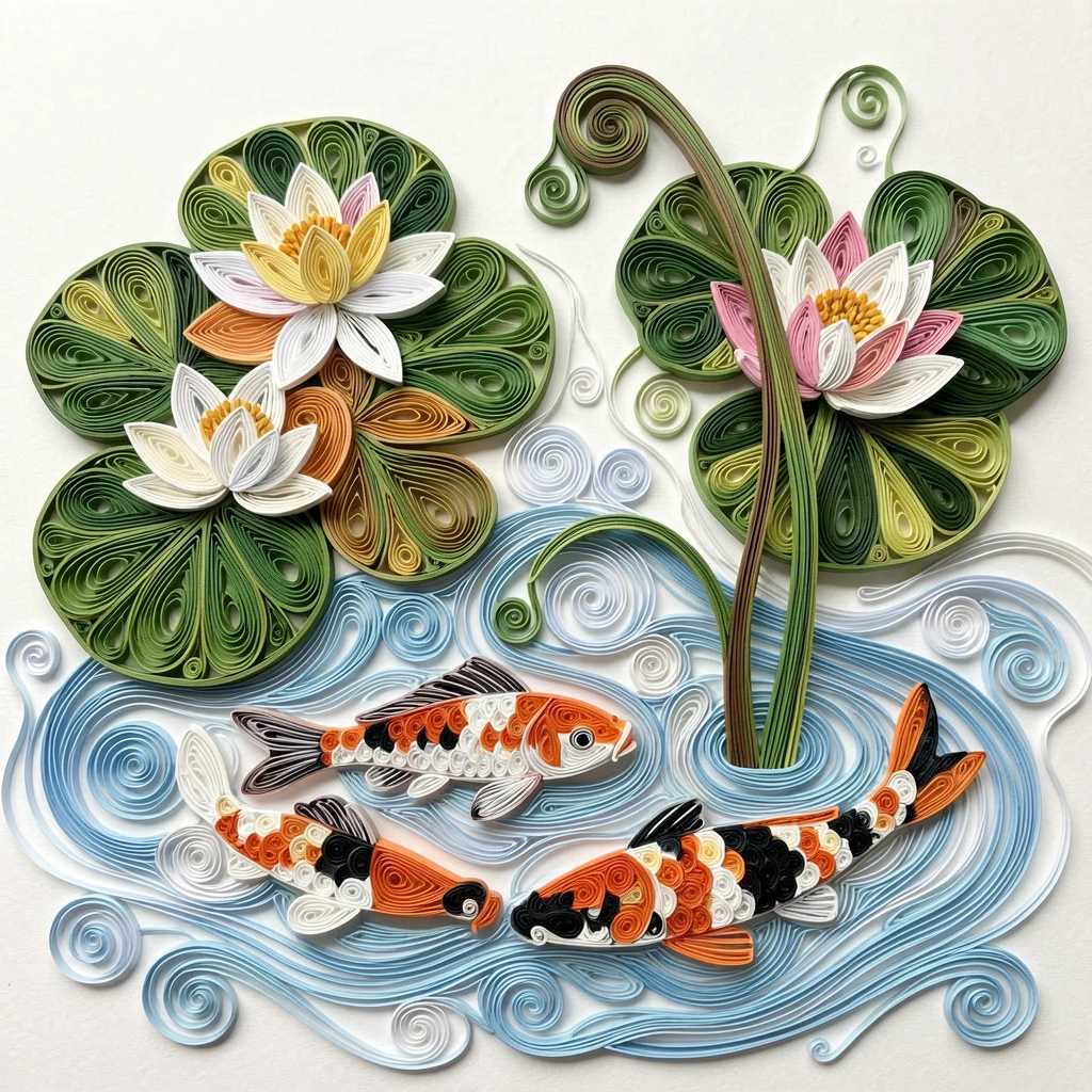 a still pond covered in lily pads and blossoms, beside a tranquil koi pond, arranged with a single stem as the clear focal point, under a light mist rising from the ground.