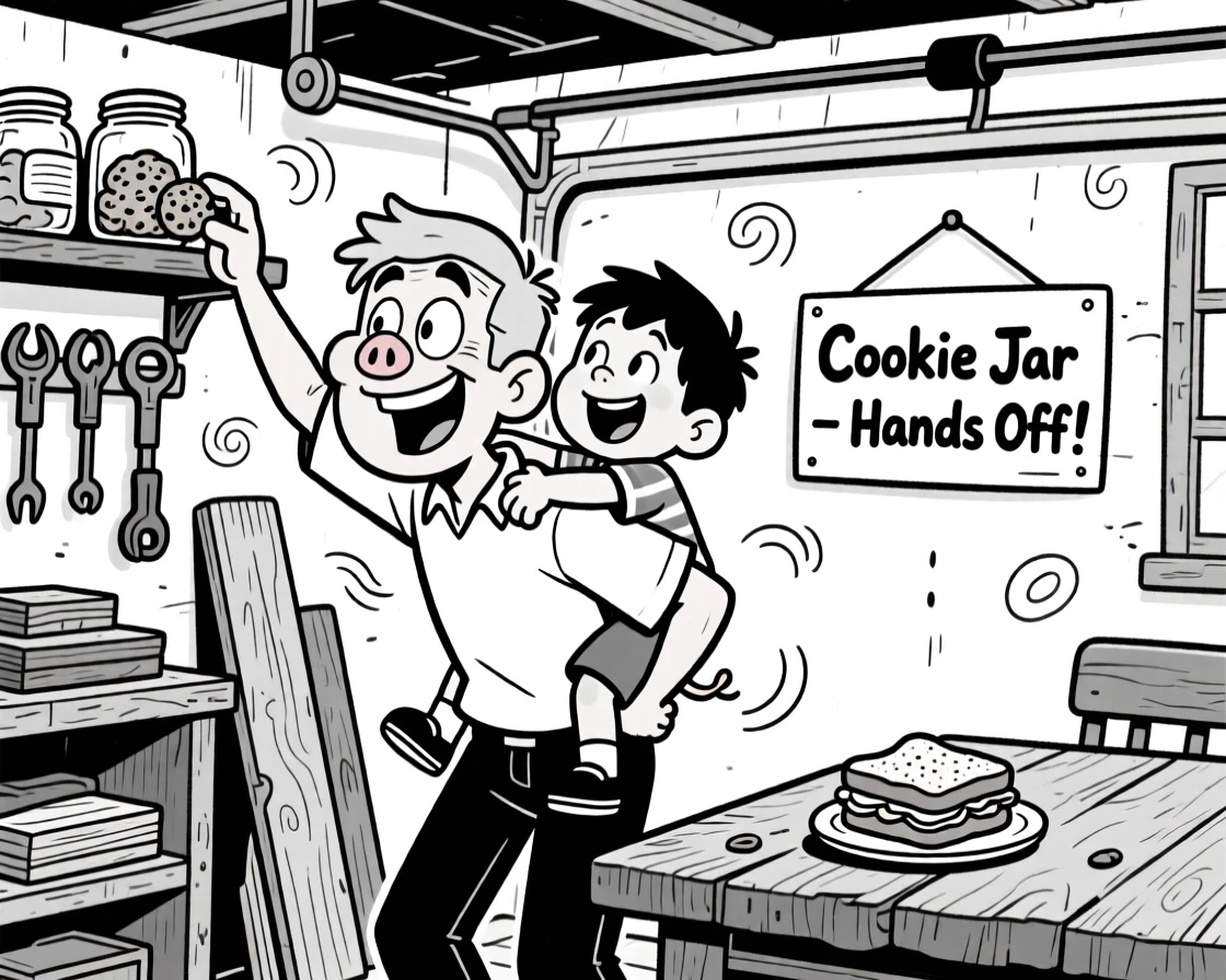 An older brother giving his little sibling a piggyback ride, trying to sneak an extra cookie from the jar, set in a garage workshop smelling of sawdust. A half-eaten sandwich sits forgotten on the table. It feels like a memory worth framing forever.