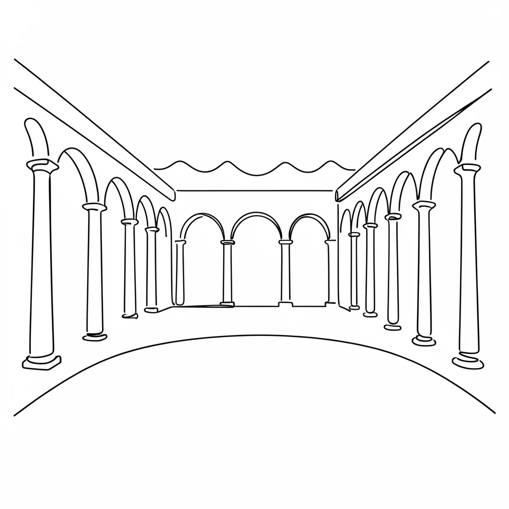 A grand palace courtyard framed by symmetrical rows of columns