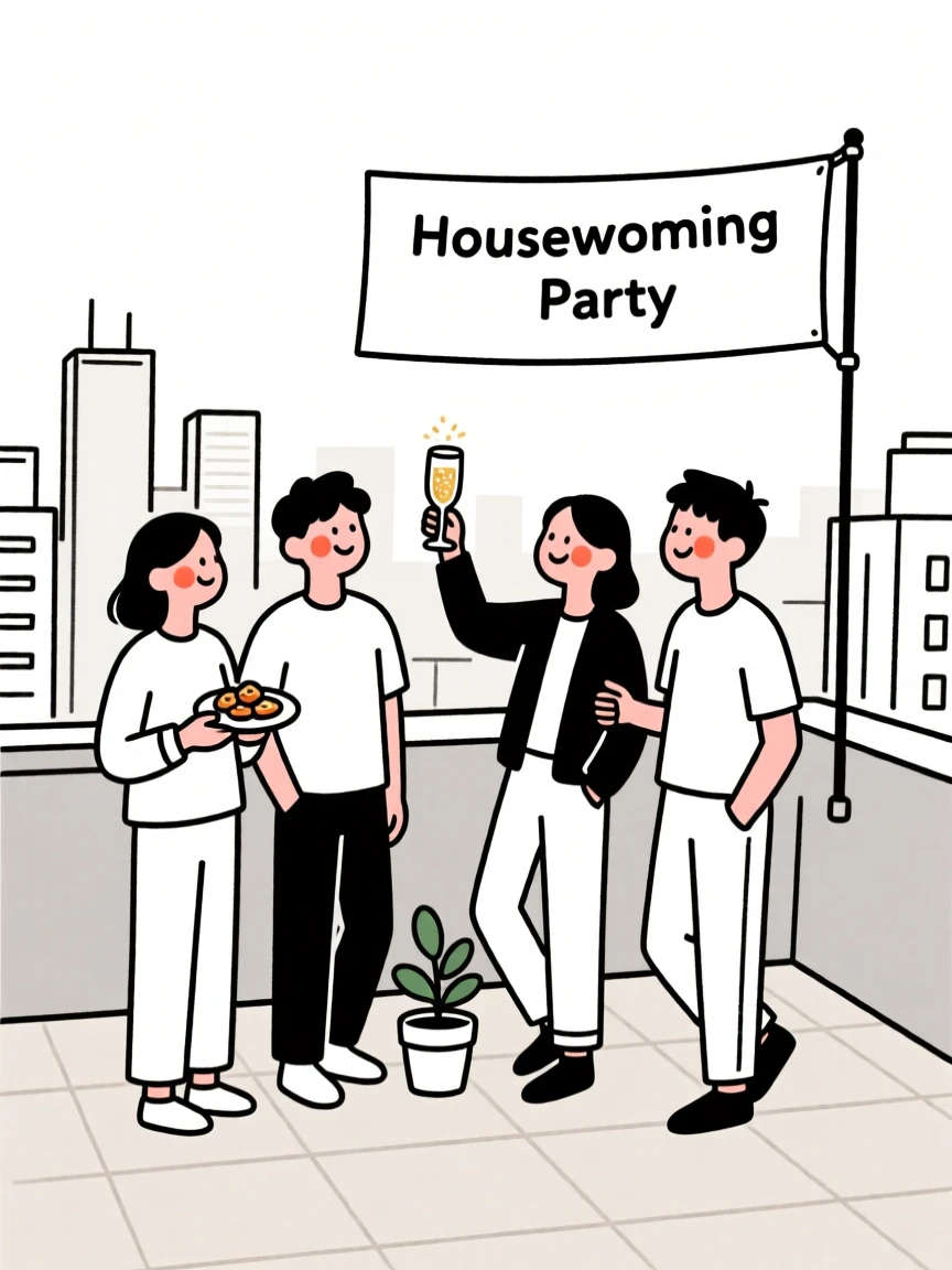 A group of friends celebrating a housewarming, on a rooftop overlooking the city.