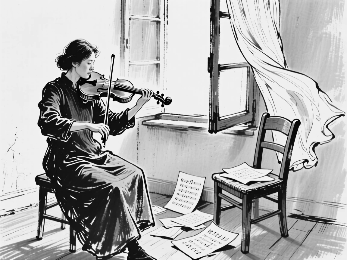 A violinist practicing alone beside an open window, sheet music scattered on a nearby chair, curtains drifting in the breeze.