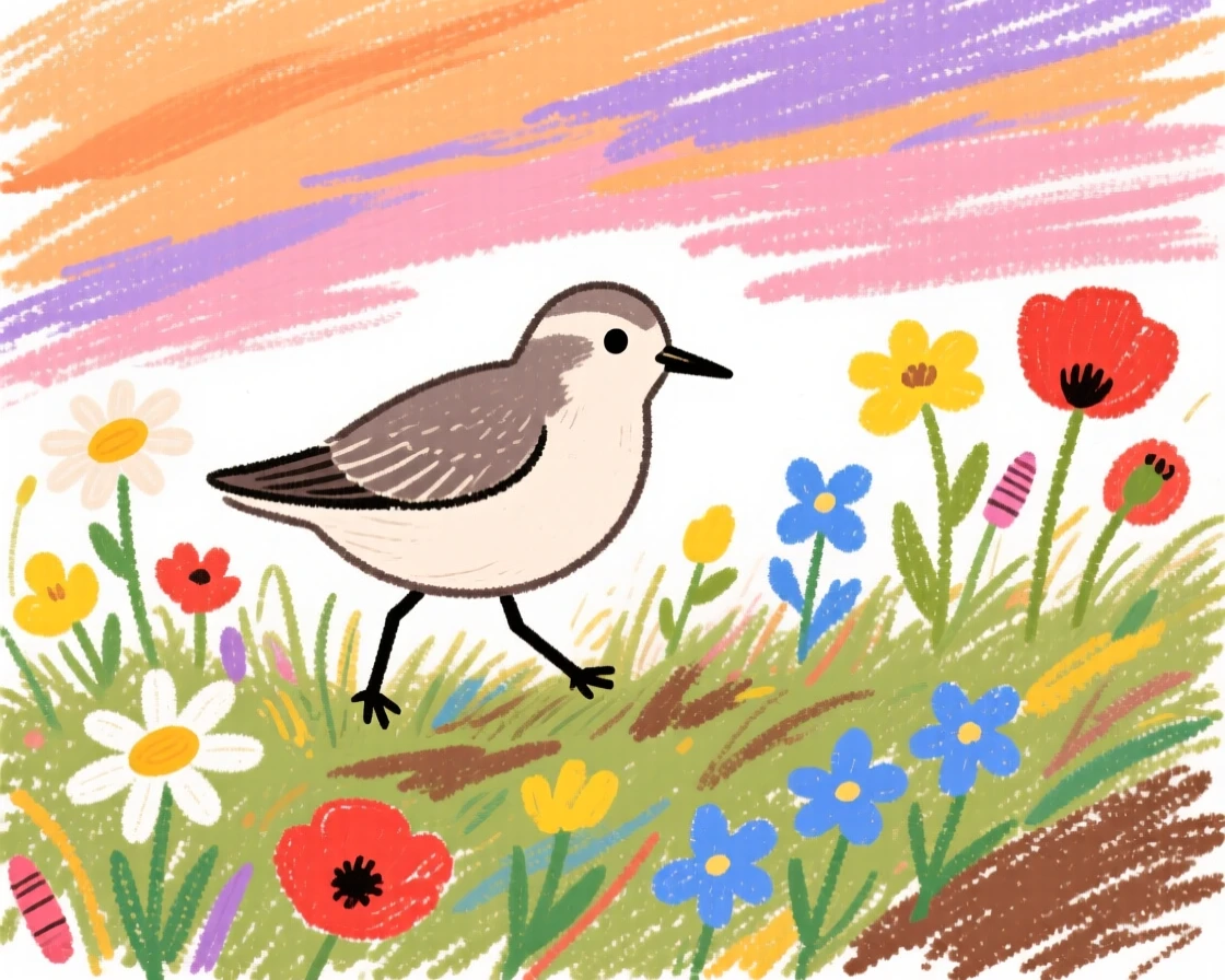 A sandpiper wandering through a field of wildflowers at dusk.