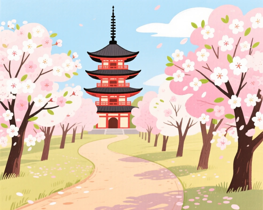 A stunning view of a cherry-blossom-lined path near a Japanese pagoda.