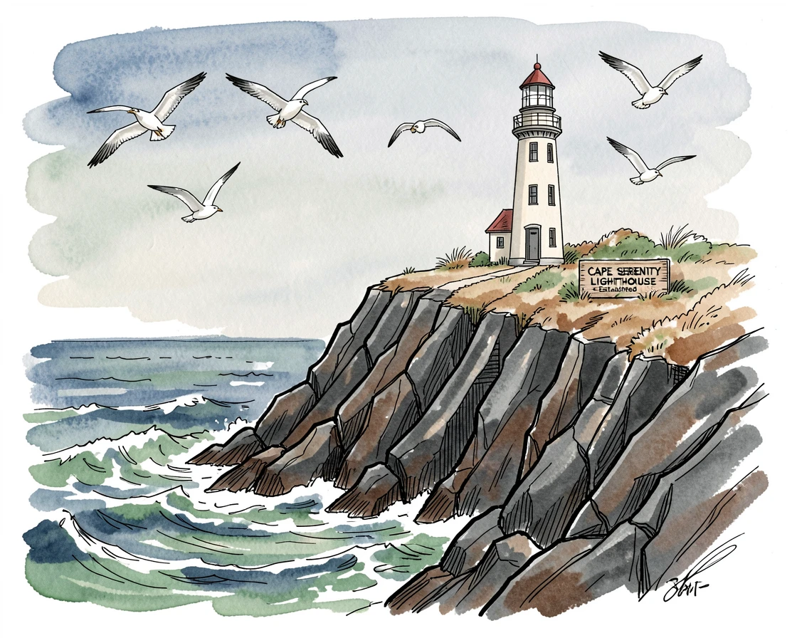 A dramatic sea cliff with waves crashing against dark rocks below, seabirds wheeling overhead and a lighthouse perched on the headland