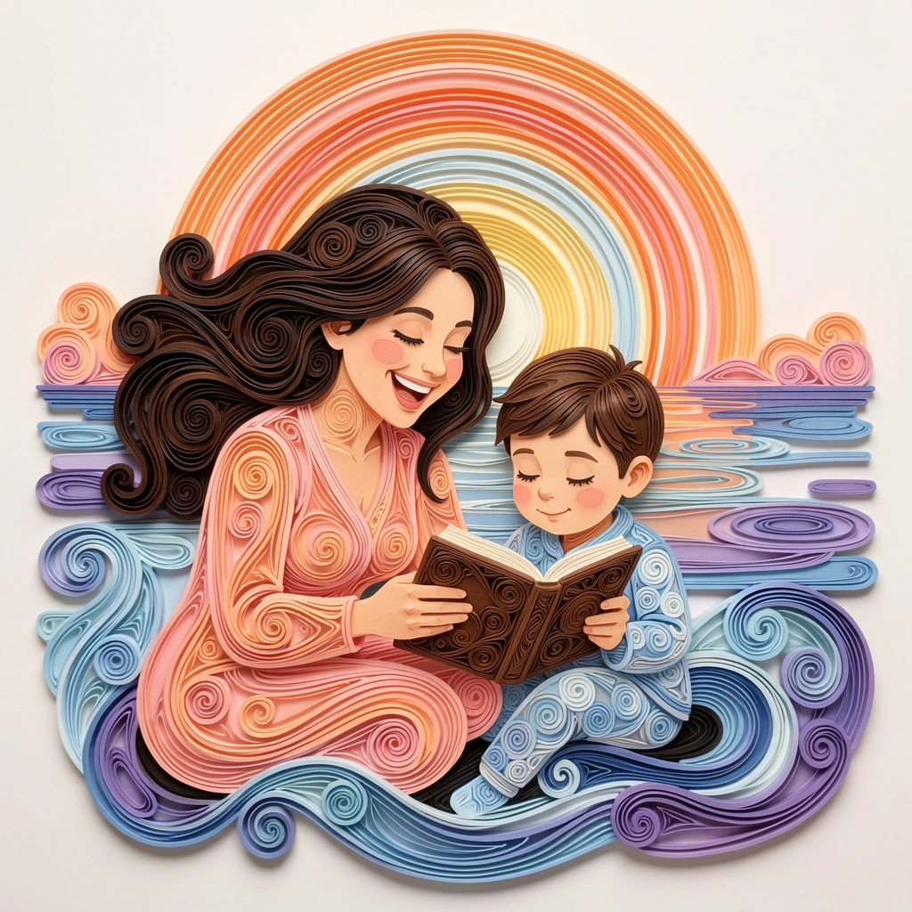 a mother reading a bedtime story to her sleepy child, beside a calm lake at sunrise, captured mid-laugh in a candid, joyful moment, with soft shadows adding quiet intimacy.