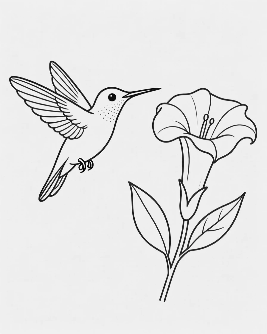A hummingbird hovering beside a trumpet-shaped flower
