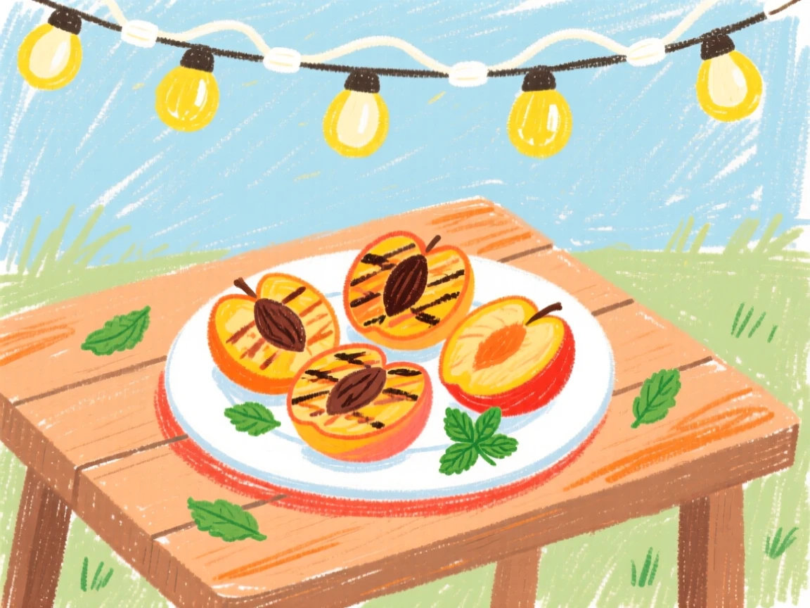 A plate of grilled peaches set on an outdoor table beneath string lights.