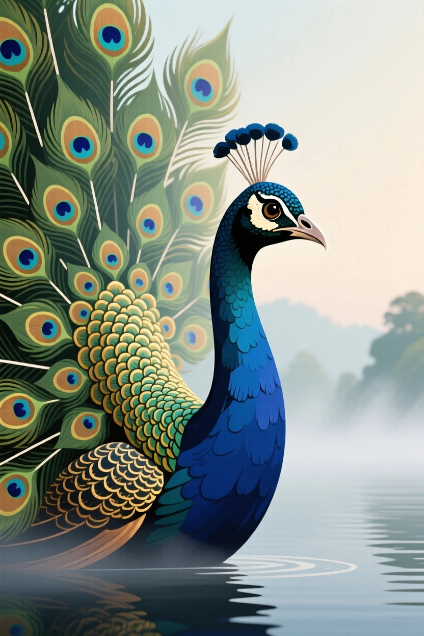A regal peacock with its tail feathers fully fanned open, surrounded by soft morning mist over a quiet lake, shown in close-up detail highlighting texture and expression, with vivid, richly saturated colors that pop.