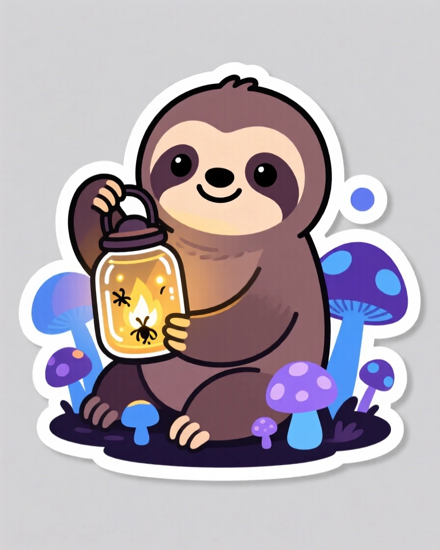 A bright-eyed baby sloth carrying a lantern made of a firefly jar, among mushrooms glowing softly at dusk.