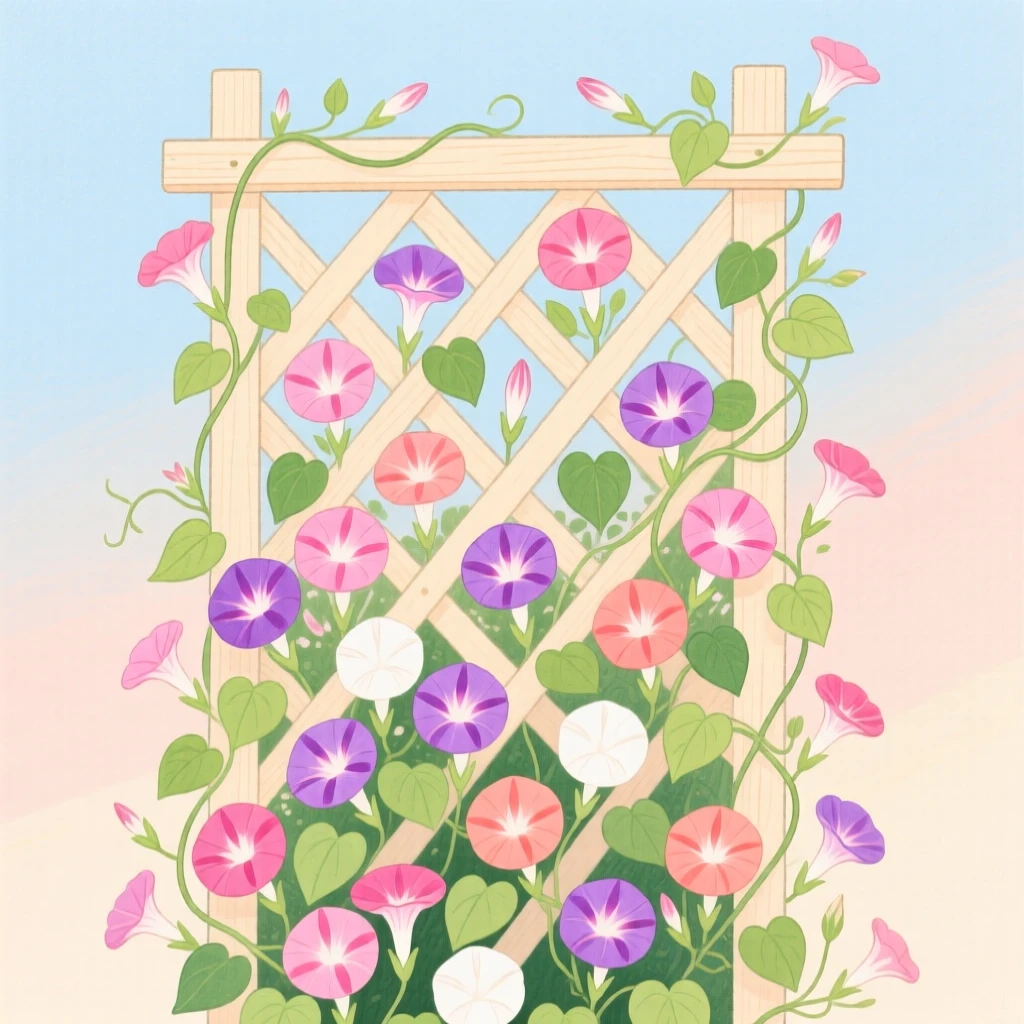 A garden trellis covered in climbing sweet peas, vivid and full of life.