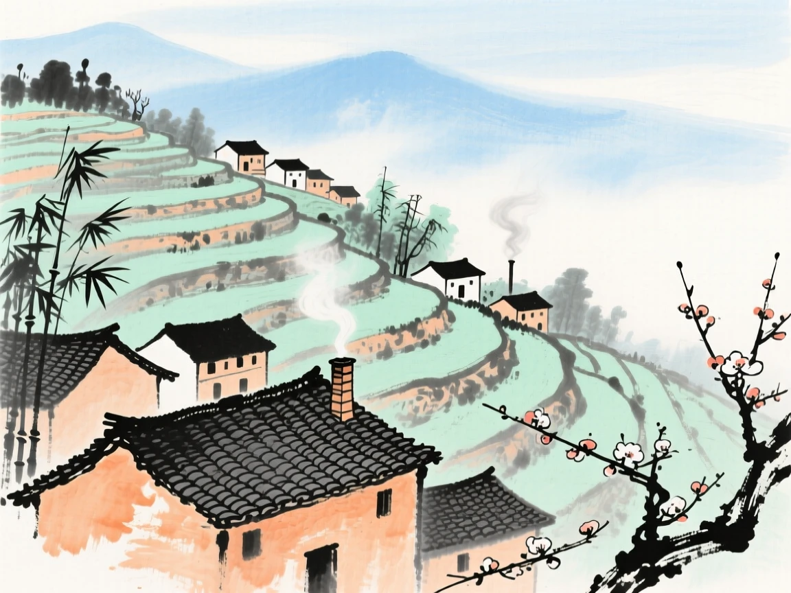 A terraced hillside village with tiled rooftops catching the light, suffused with quiet joy.