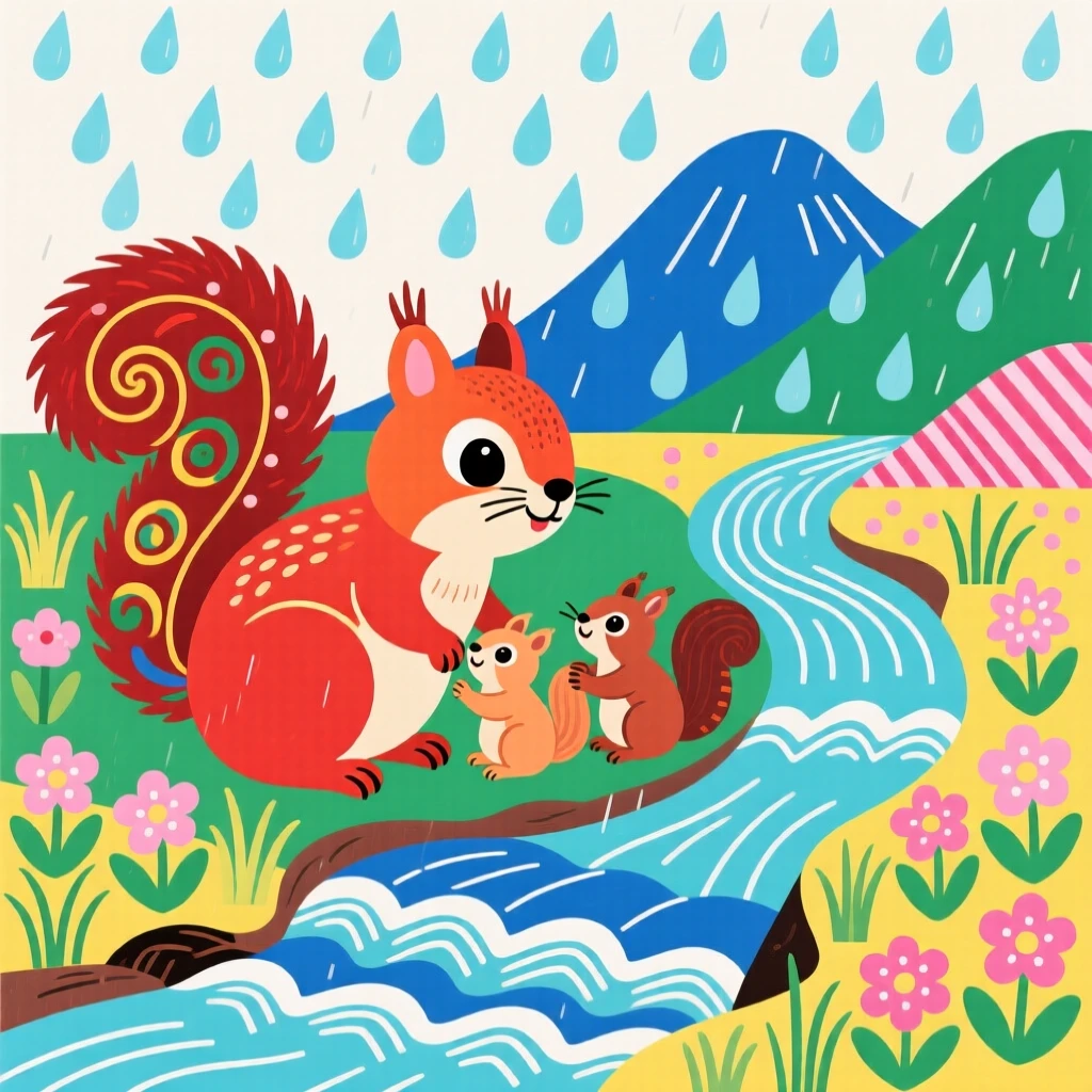 A squirrel with its young beside a mountain stream, during a gentle spring rain.