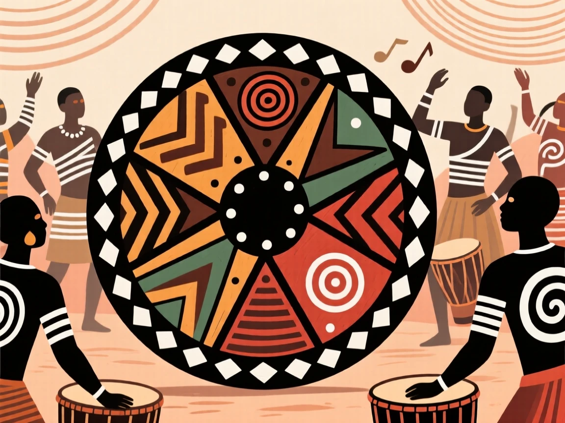 A painted ceremonial shield displayed at the center of a community celebration.