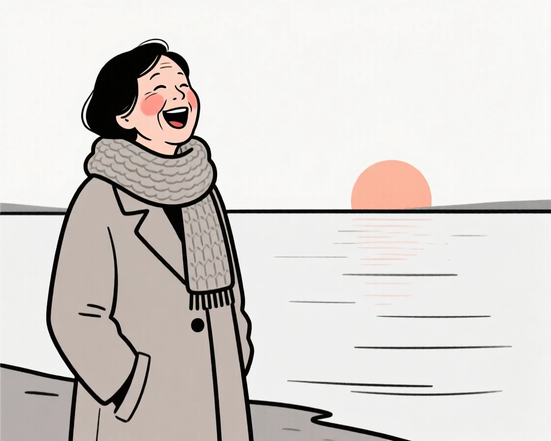 A middle-aged woman in a chunky knit scarf and coat, laughing joyfully, beside a calm lake at sunrise.