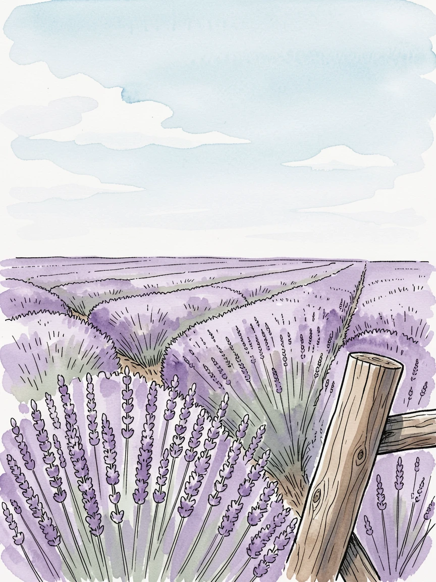 A field of lavender stretching to the horizon under a wide sky, a lone wooden fence post leaning at the field's edge