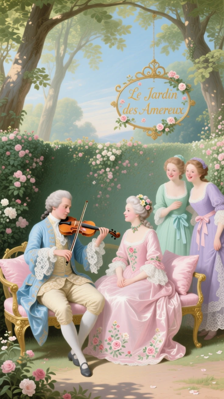 A violinist serenading a lady in a secluded grove while her companions peek from behind hedges  