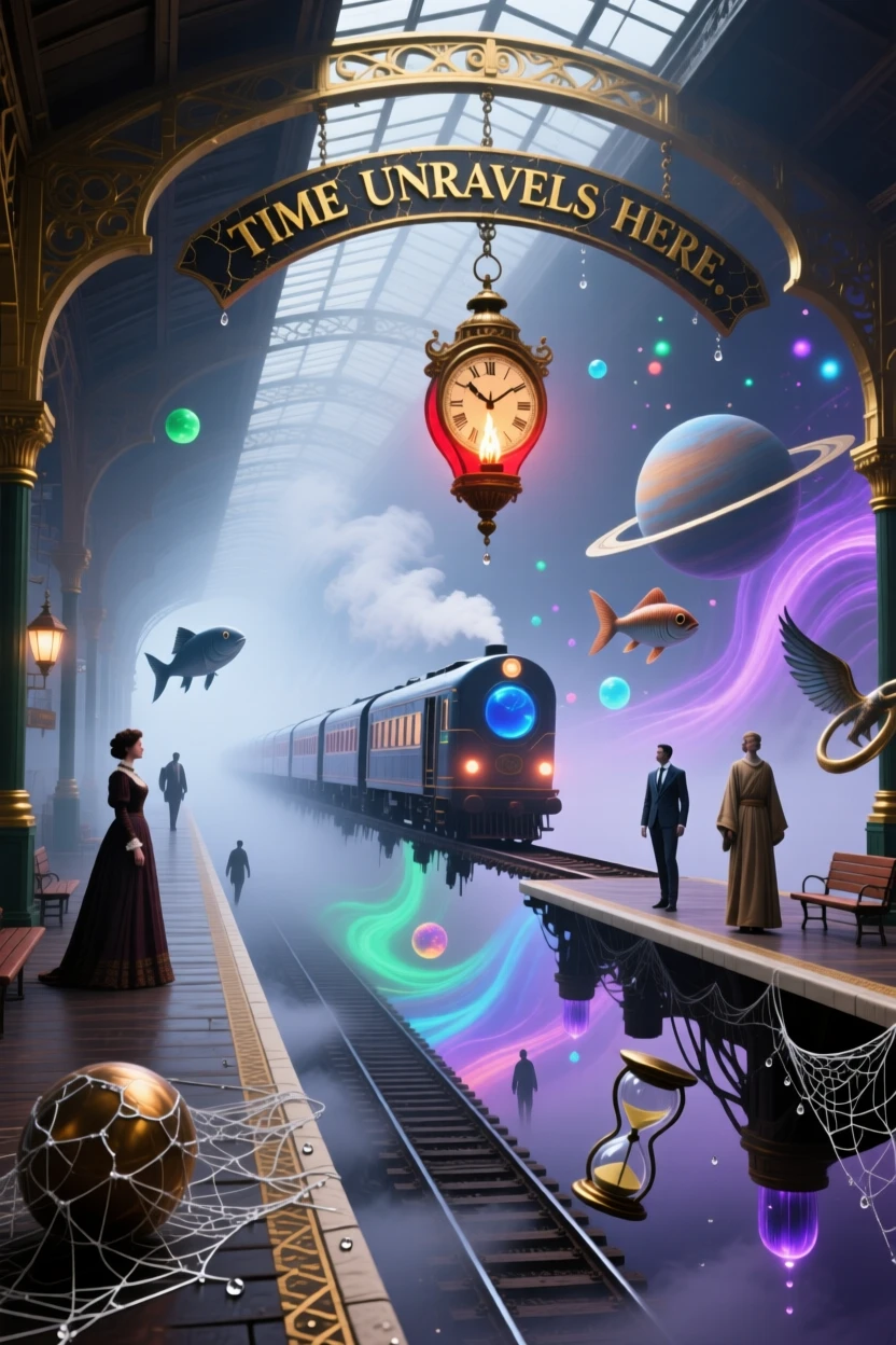 A train station with platforms suspended in mist leans impossibly against the wind, and a single lantern burns at its highest point.