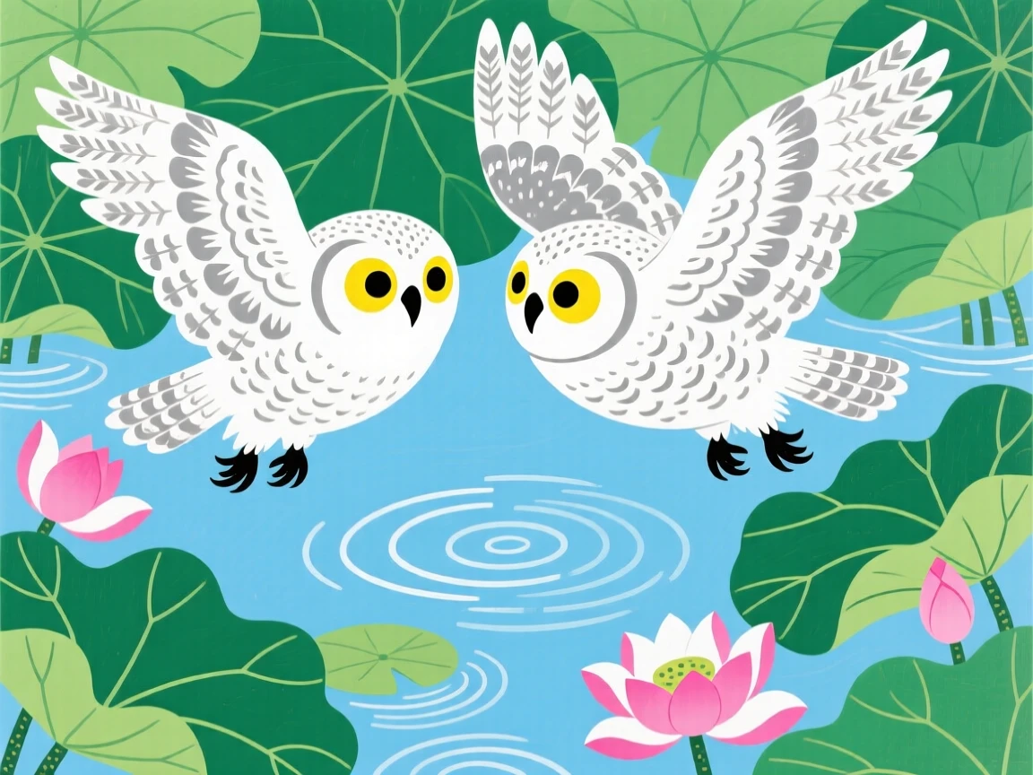 A pair of snowy owls gliding together beside a lotus pond.