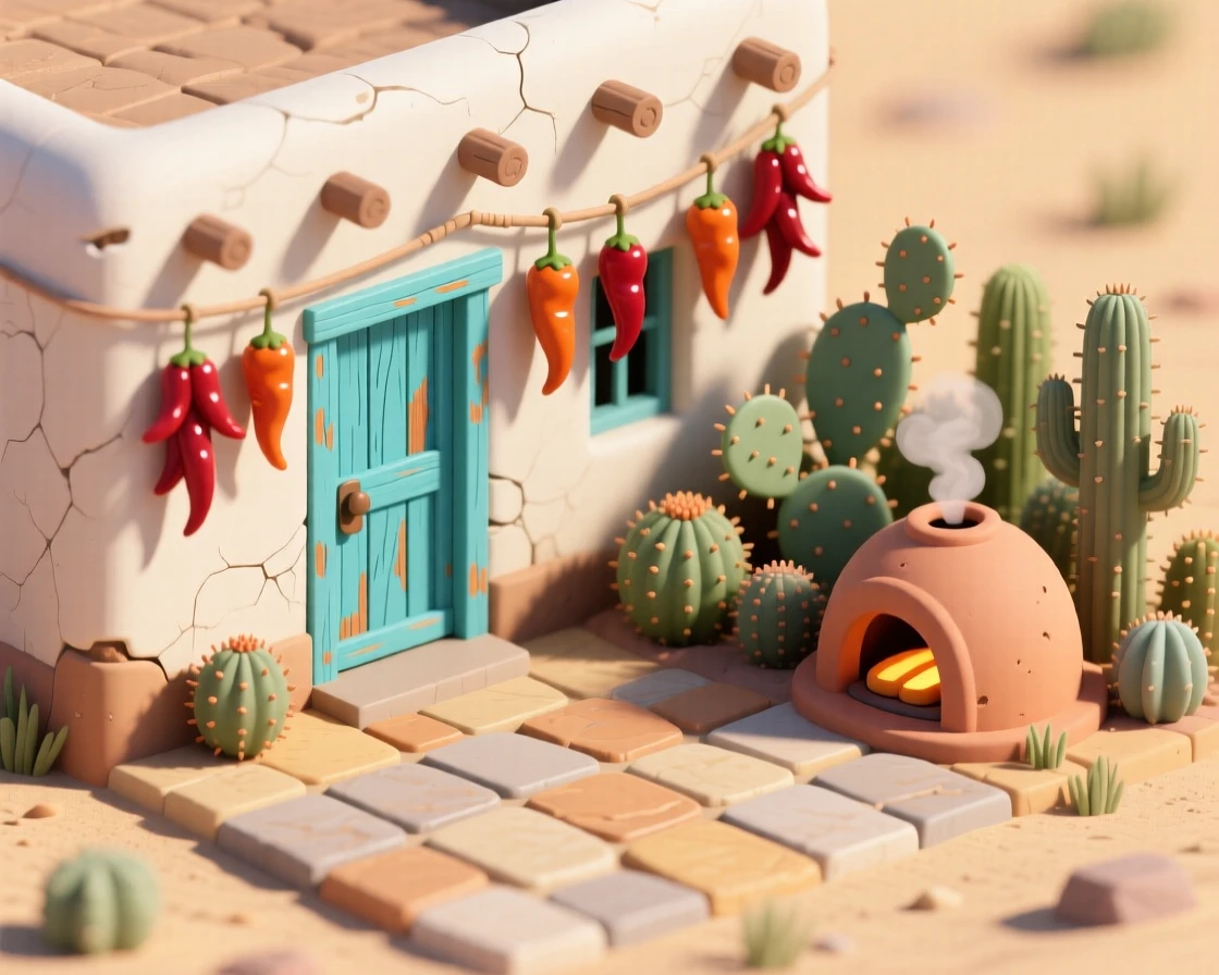 A desert adobe home with a sun-bleached courtyard, a turquoise wooden door, hanging chili peppers drying on strings, and a clay oven baking bread beside a cactus garden.