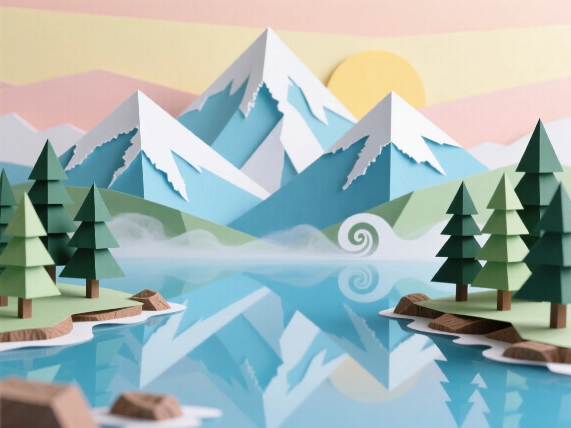 A snow-capped mountain range reflected perfectly in a still alpine lake at sunrise, pine trees framing the shoreline, and a wisp of morning fog rising off the water, conveying grandeur and serene isolation.