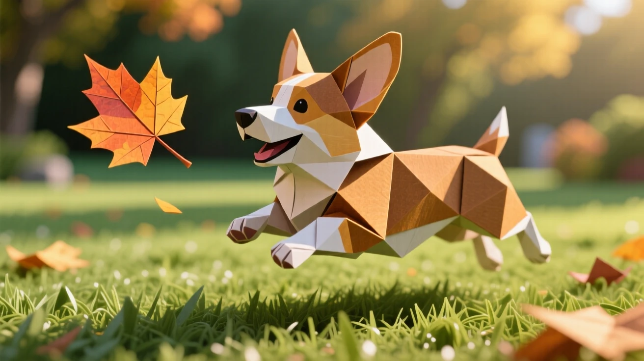 A corgi puppy mid-leap chasing a falling autumn leaf across a lawn, ears flopping, low angle emphasizing its short legs.