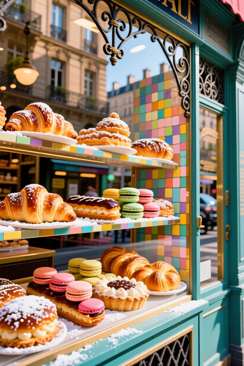 A colorful array of fresh baked pastries displayed in a Paris bakery window.