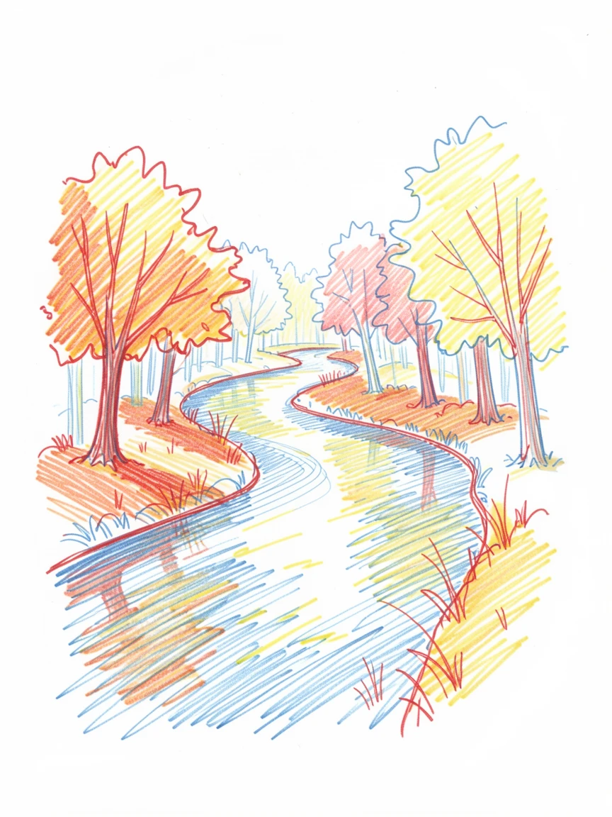 A winding river cutting through autumn woodland, reflecting fiery orange and red foliage