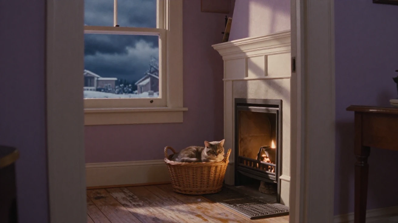 A cat curled contentedly in a basket beside a fireplace, under soft golden-hour light, under a darkening storm sky, in the depths of winter, in dusty lavender and rose tones, framed through an open doorway.