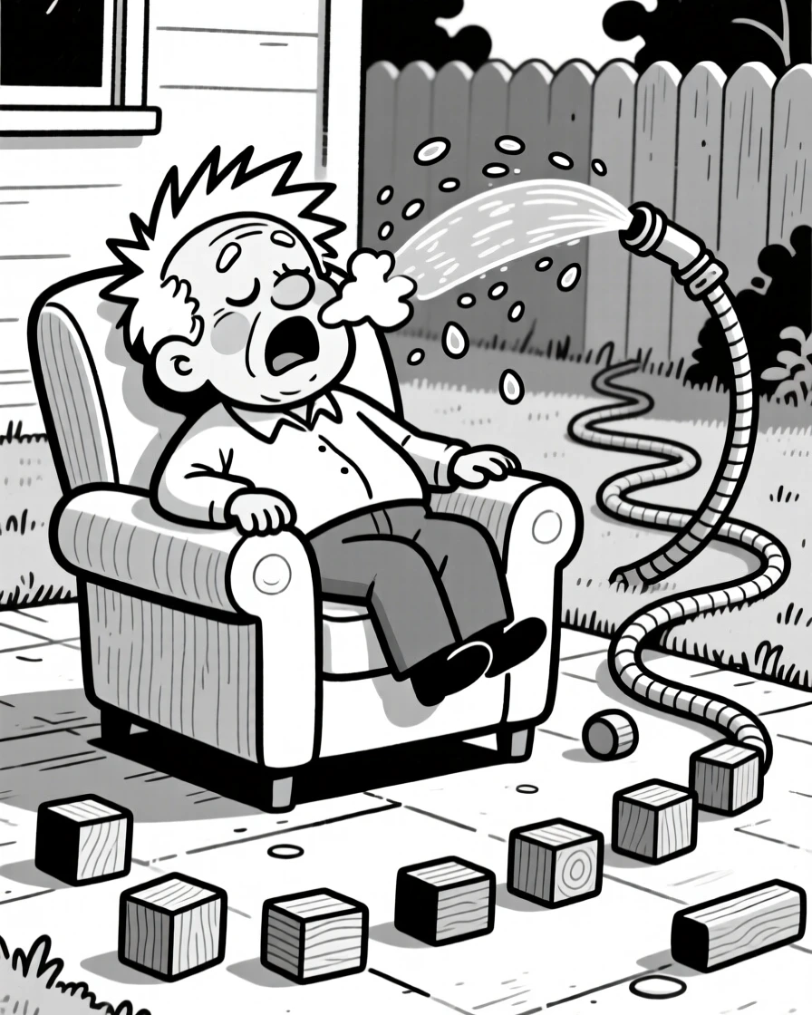A grandfather dozing off in his favorite armchair, mid-sneeze with hair flying everywhere, set in a backyard with a wobbly garden hose sprinkler. A trail of building blocks leads across the floor. It's a small, ordinary moment that feels quietly precious.