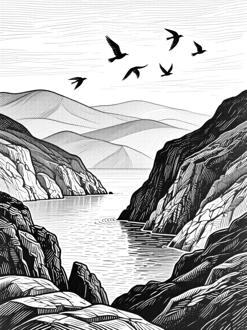 A hidden cove with layers of hills fading into the distance, with birds circling lazily overhead, evoking a serene and contemplative atmosphere in a wide, balanced composition.
