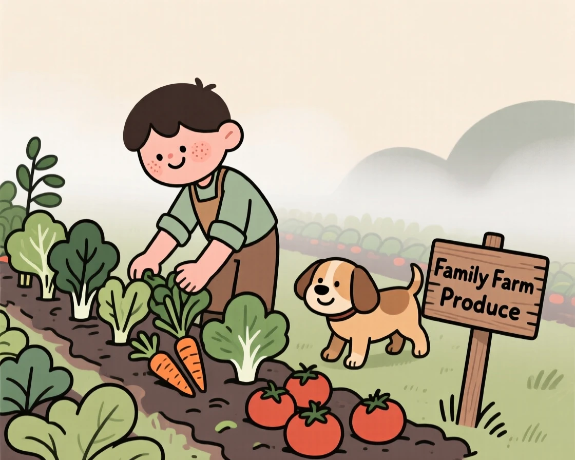 A young farmer tends rows of fresh vegetables on a small family farm as a lazy farm dog wander nearby and the morning mist begins to lift.