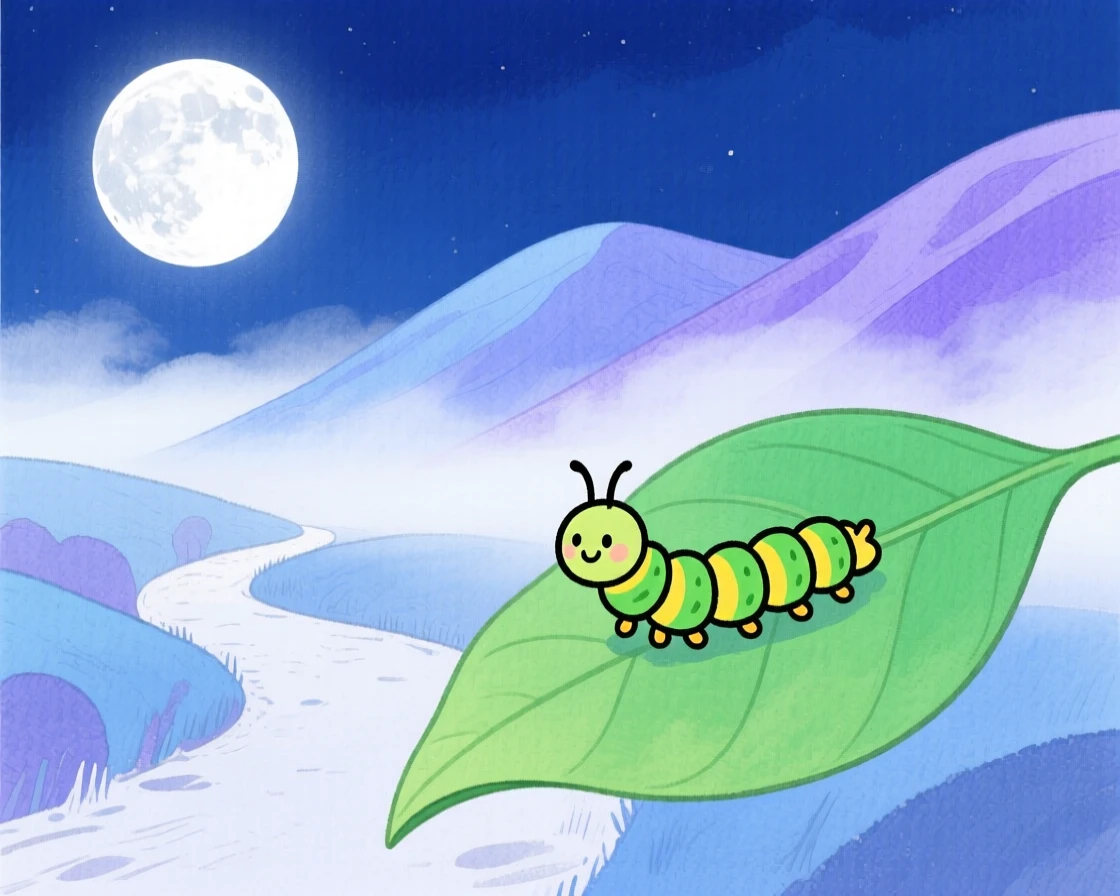 A caterpillar inching along a leaf exploring a misty mountain trail under a full moon.