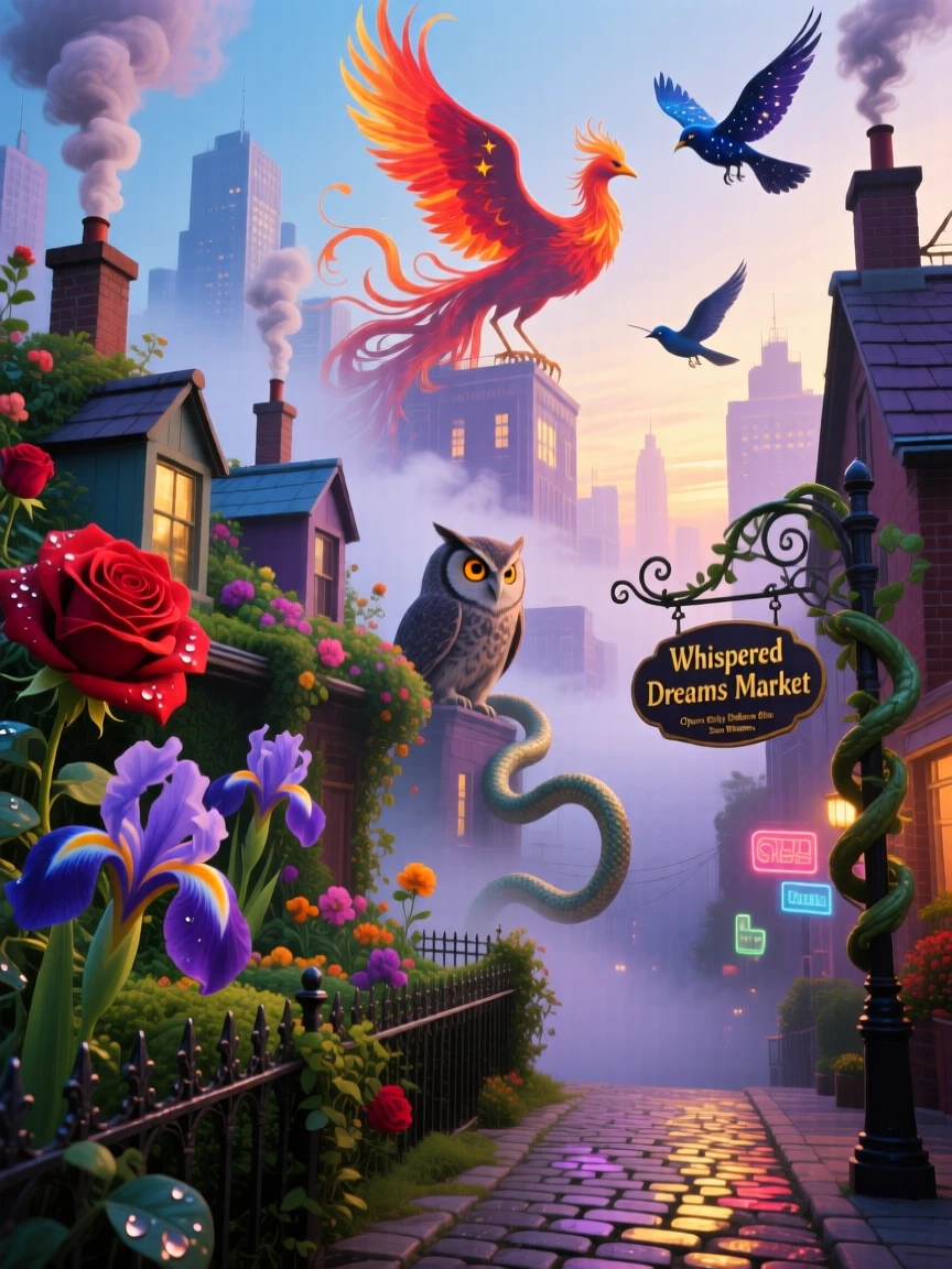 A city where every rooftop is a small, tended garden sits quietly wrapped in early morning mist, while smoke curls gently from a chimney into shapes of birds.