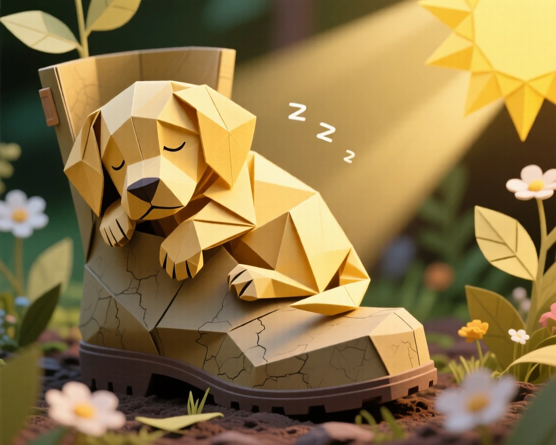 A golden retriever puppy asleep inside a garden boot, paws twitching in a dream, sunbeam falling across its fur.