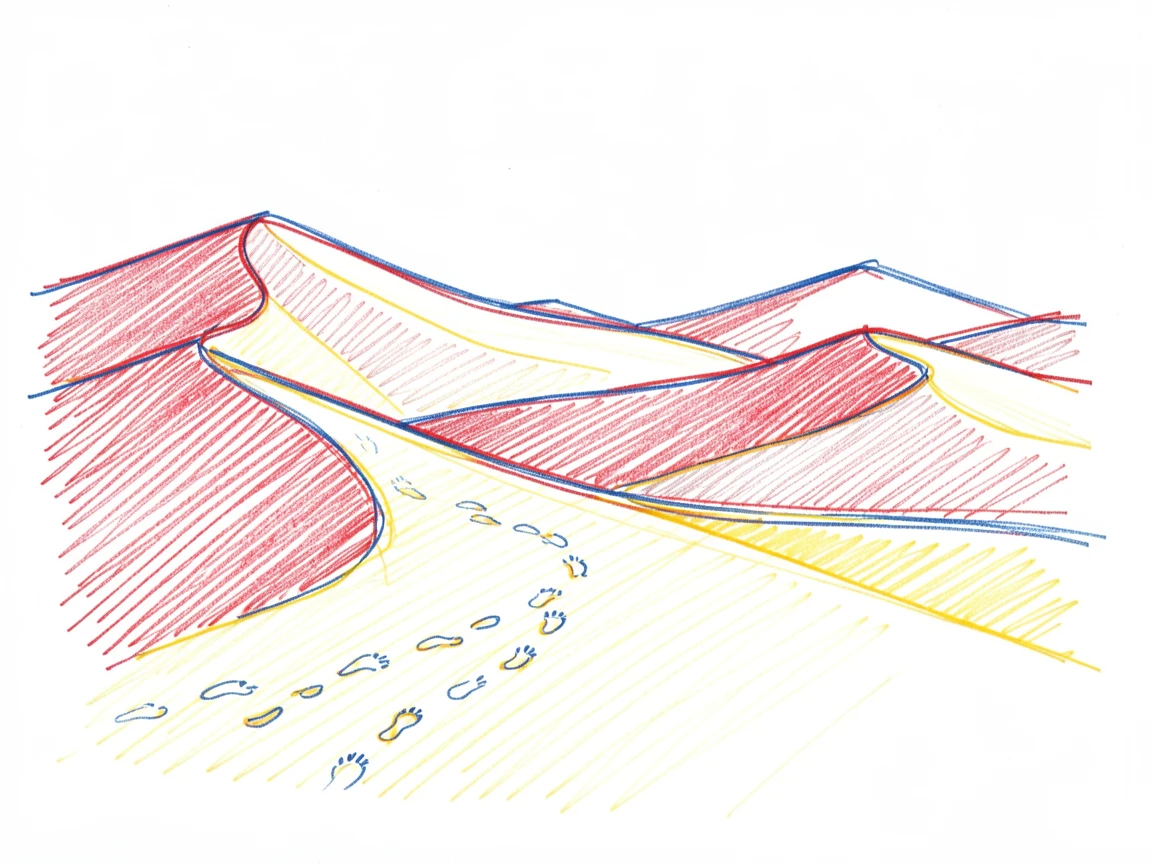 A desert landscape at dusk with towering sand dunes and a single trail of footprints