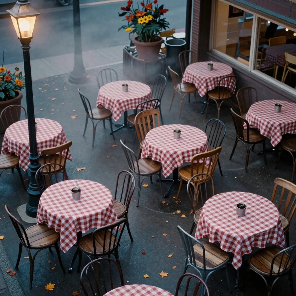 An outdoor café with mismatched chairs and checkered tablecloths, in low lamplight, as mist rises off the ground, in the mild days of early autumn, in cool blues and silvery greys, shot from directly overhead.