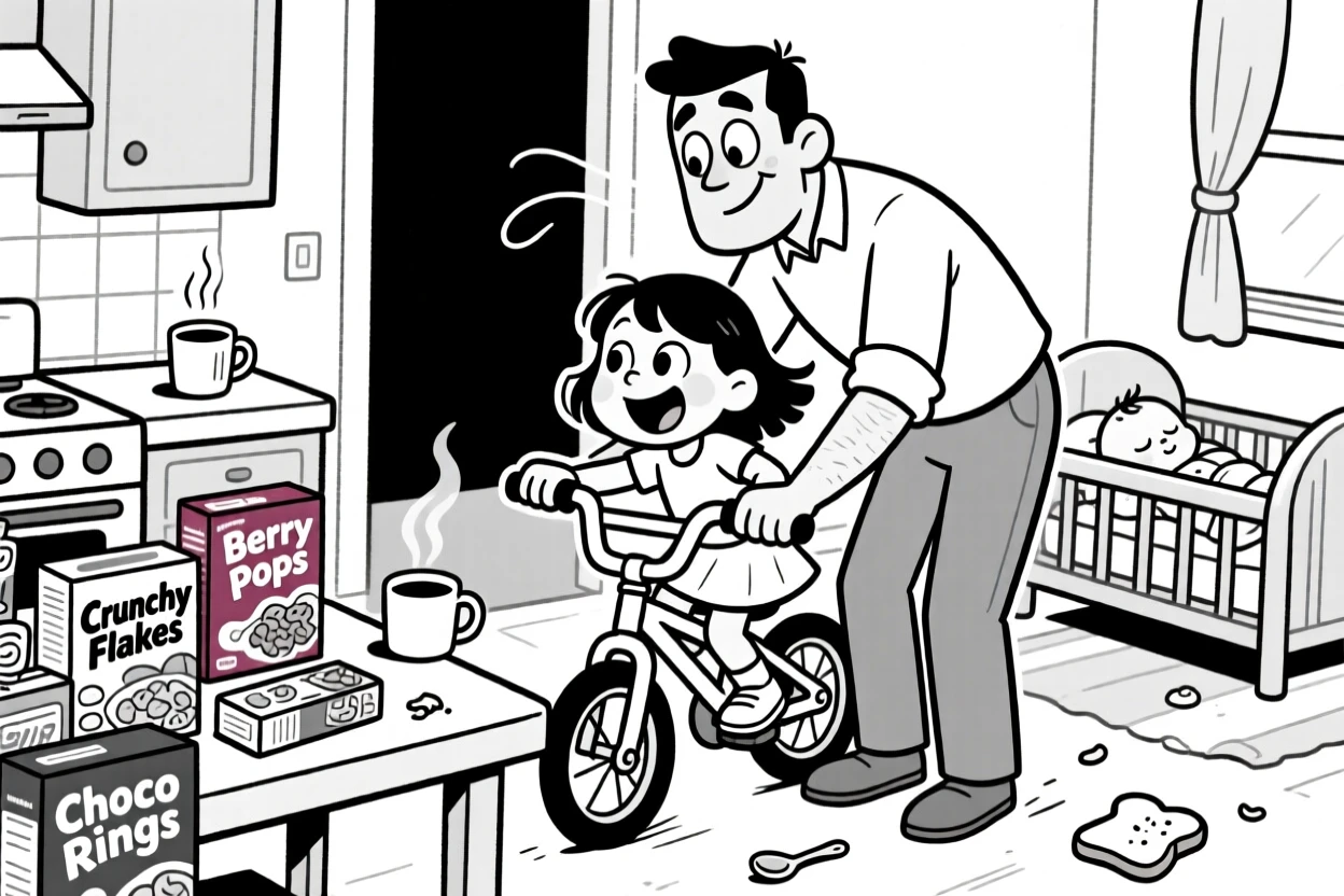A father teaching his daughter to ride a bike, tiptoeing quietly so as not to wake the baby, set at a cluttered kitchen table covered in cereal boxes. A cup of coffee has gone cold on the counter. The scene radiates the warm chaos of everyday family love.