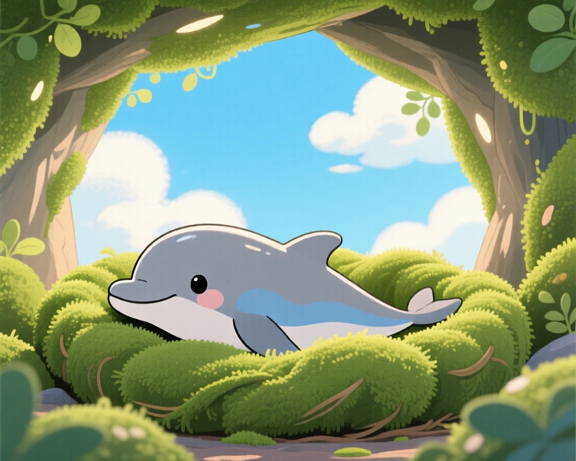A playful dolphin calf pauses from napping in a nest of soft moss to look up in the mouth of a mossy cave, as soft clouds drift overhead.